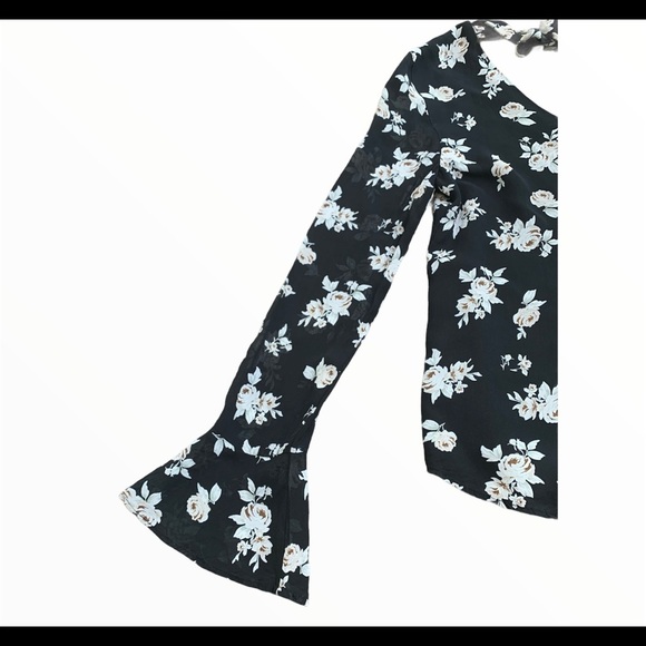 SANCTUARY Anthro Rosie Tie Blouse W Long Bell Style Sleeves Black Floral Size XS - Picture 9 of 13